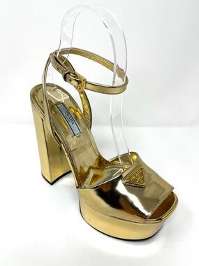 Prada Gold Metallic Leather Triangle Logo Strappy Platform Sandals Heels 36.5